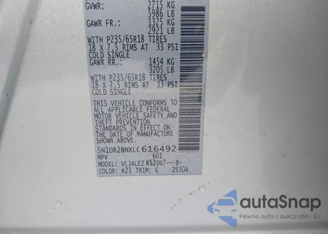 2020 Nissan Pathfinder Sv 2Wd z USA, uszkodzony, nr VIN 5N1DR2BNXLC616492